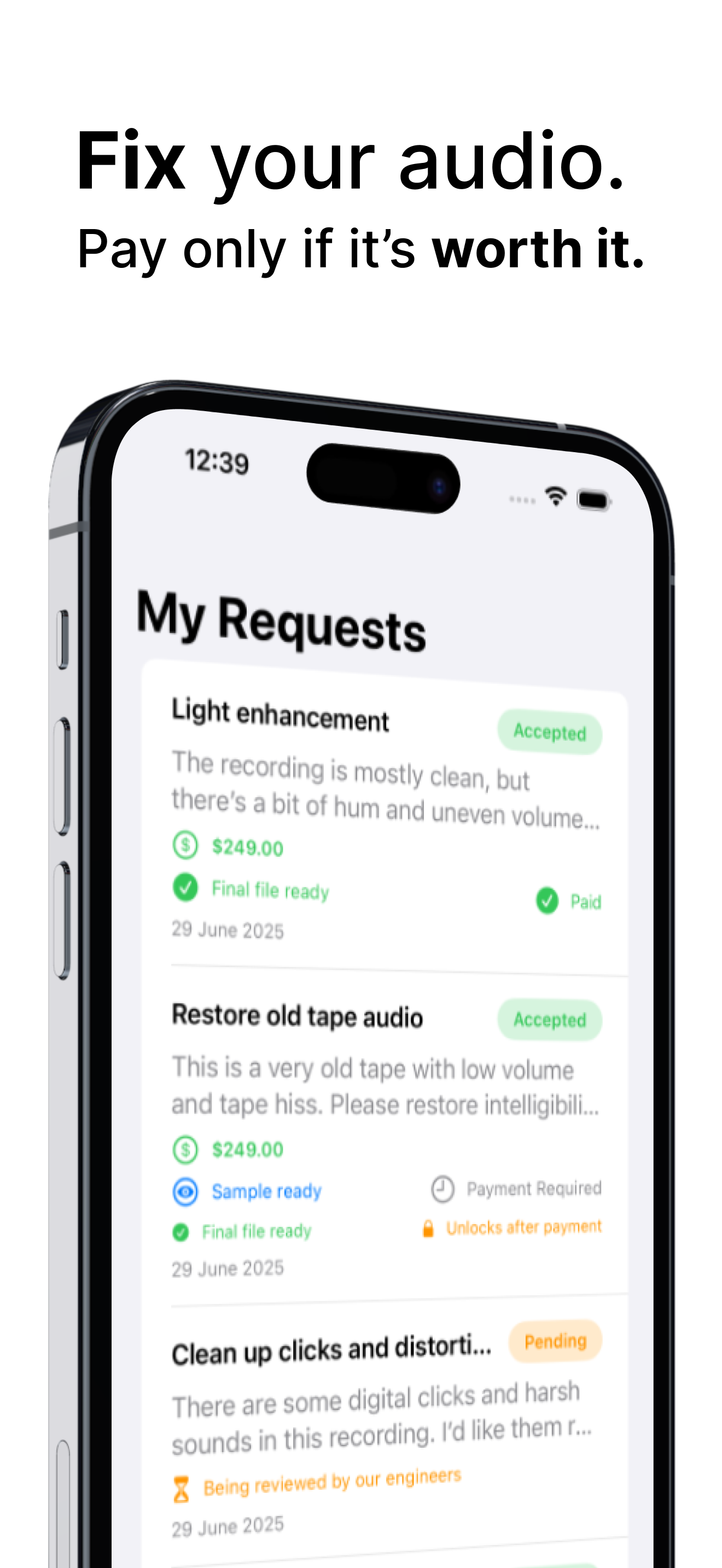 Audio Clean Up app screenshot: submit your audio for manual noise removal and voice restoration