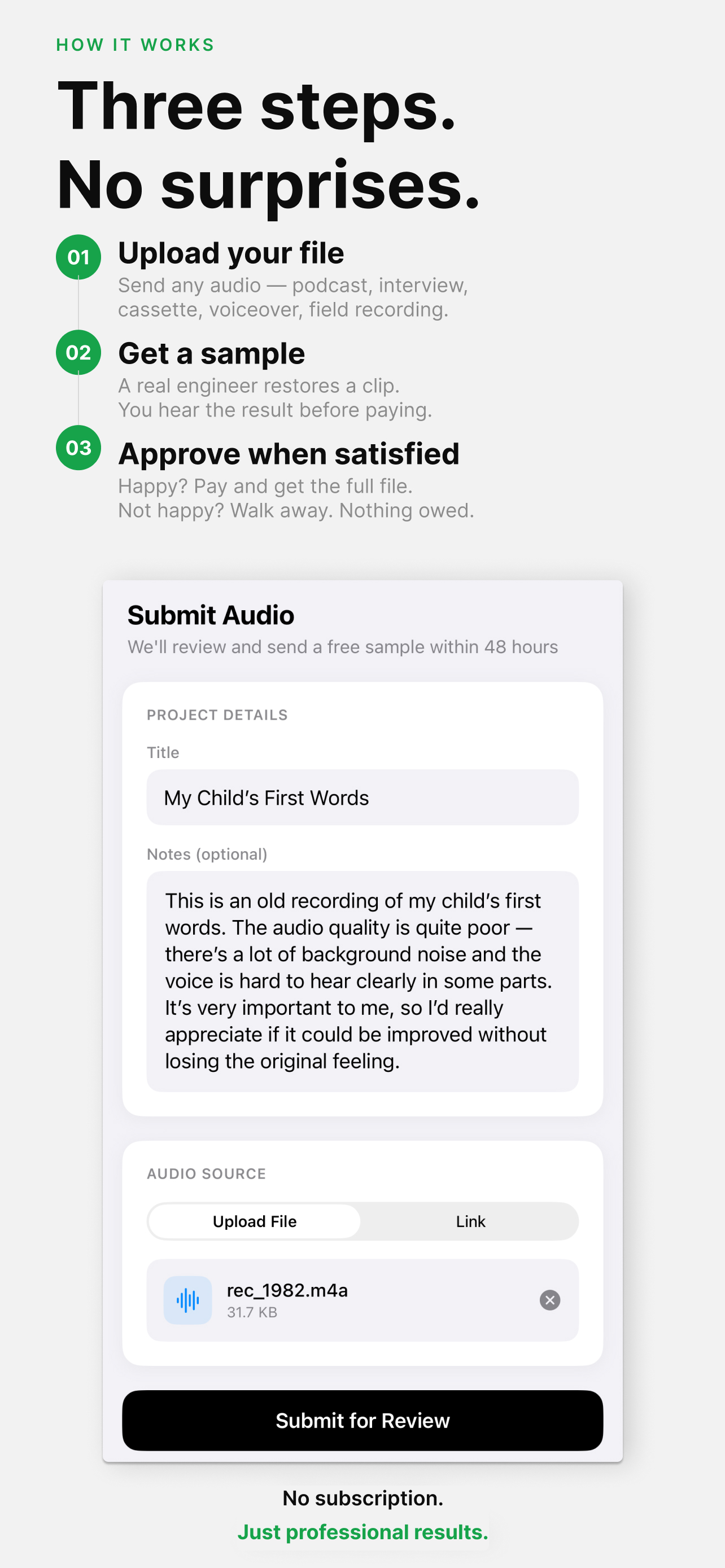Audio Clean Up app submit form — 'Three steps. No surprises.' How it works screen